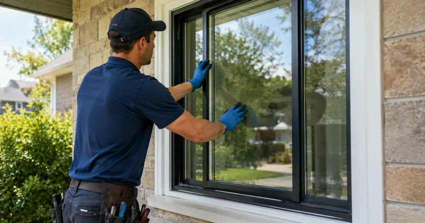 technician measuring a broken window pane for replacement in Creekside, Collingwood