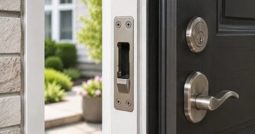 technician repairing a split door jamb near the strike plate in Collingwood