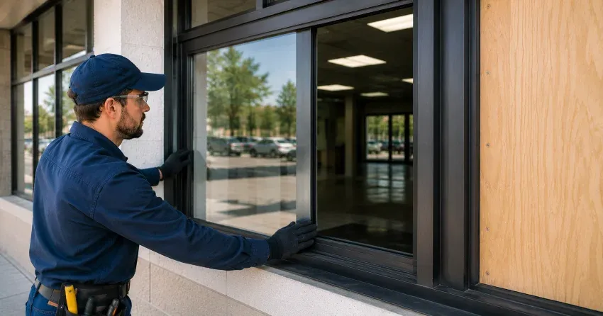 technician boarding a broken window after a break-in in Wyldewood Cove, Collingwood