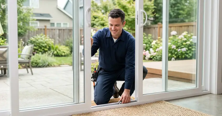 technician diagnosing a sticking patio door in Collingwood
