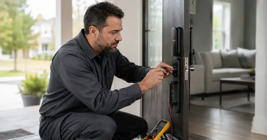 technician diagnosing automatic door lock mechanism on residential door in Creekside, Collingwood