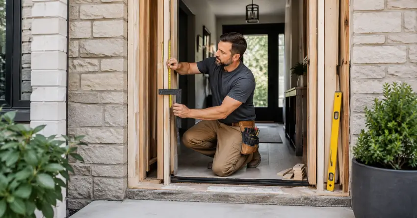 exterior door installer assessing rough opening in Dockside Village, Collingwood
