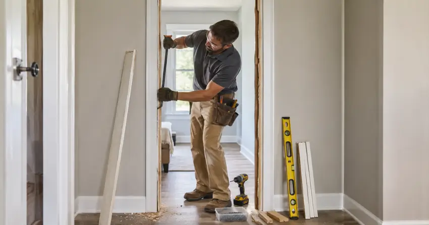 technician removing an old interior door frame during installation Creekside, Collingwood