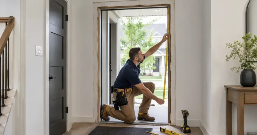 technician measuring a door frame before new door installation in Collingwood