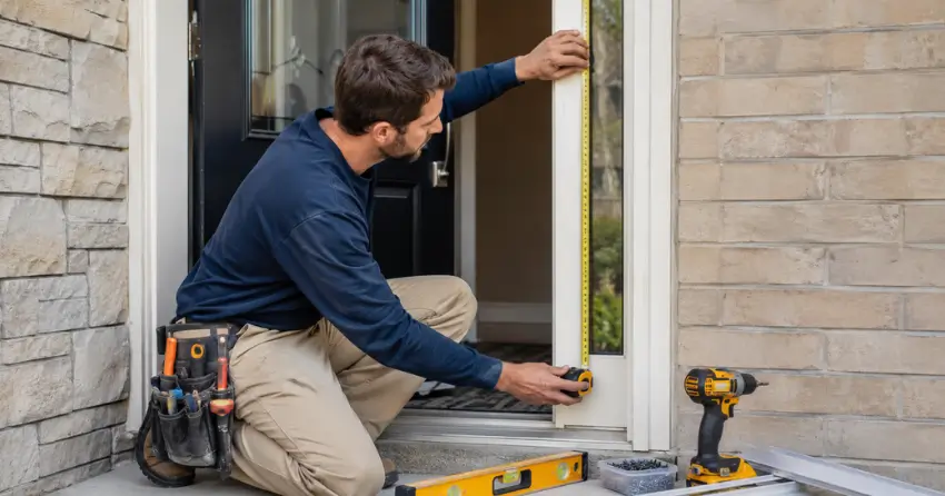 technician measuring door frame before storm door install in Creekside, Collingwood