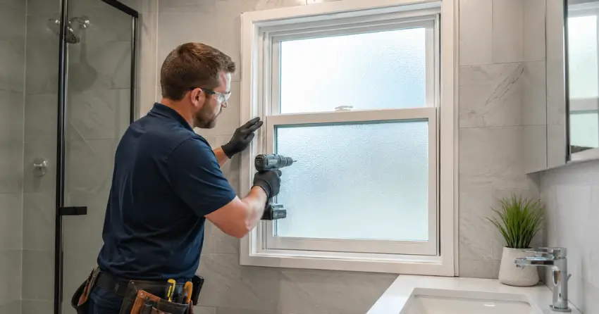 frosted glass installation bathroom window in Pretty River Estates, Collingwood