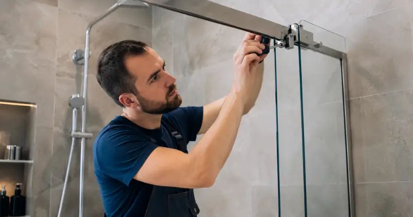 technician adjusting shower door hinge and track in Rupert