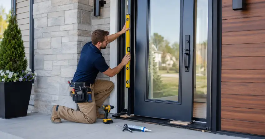 glass outside door installation with energy-efficient double-pane glazing in Dockside Village, Collingwood