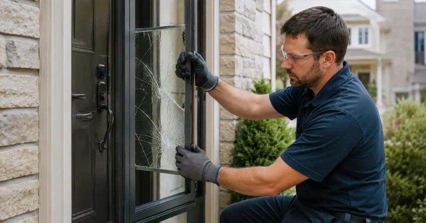 technician removing cracked storm door glass panel in Collingwood