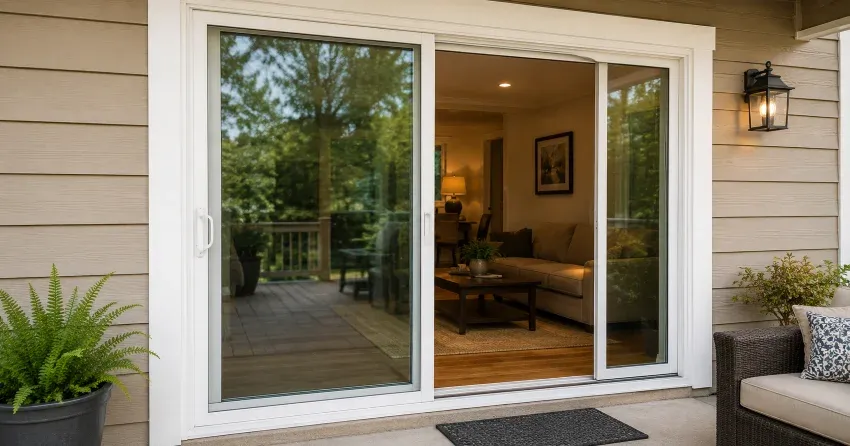 Patio Door Installation technician setting a new frame in Collingwood