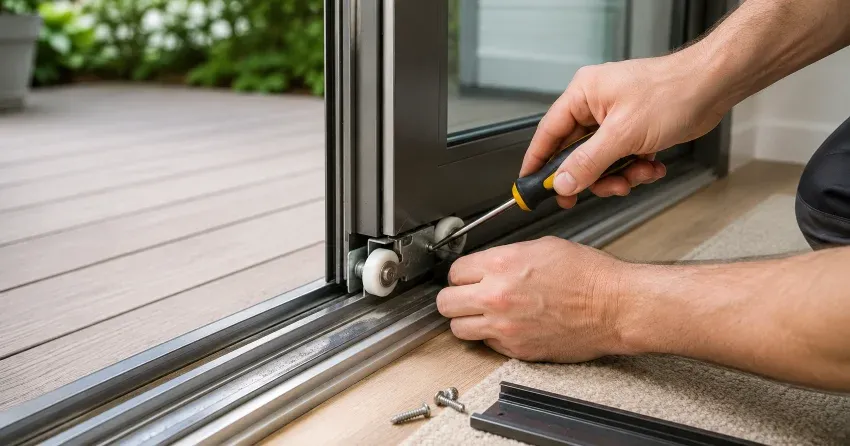 sliding door fix Dockside Village, Collingwood technician diagnosing track issue