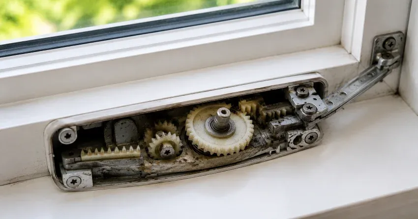 technician replacing casement window crank operator in Lockhart Meadows, Collingwood home