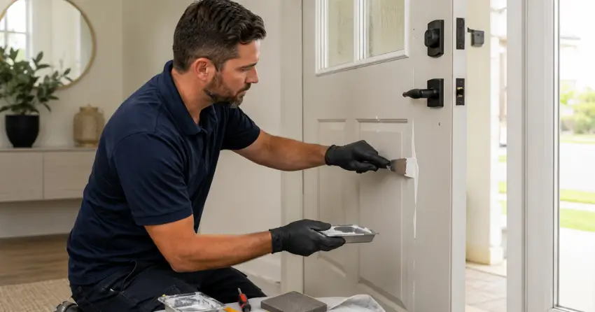 technician repairing fiberglass door surface crack in Creekside, Collingwood