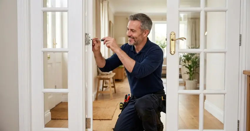 technician adjusting French door hinge for proper alignment in Collingwood