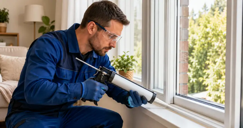 technician repairing window seal and frame in The Shipyards, Collingwood