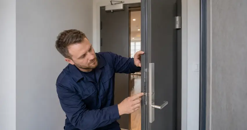 technician inspecting fire-rated door seal and hardware in Mountaincroft, Collingwood
