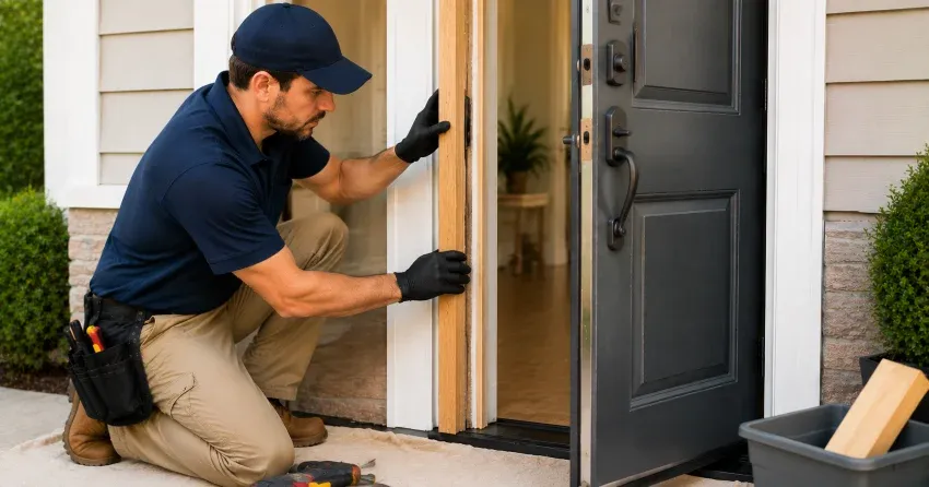 technician inspecting damaged door frame corner in Mountaincroft, Collingwood