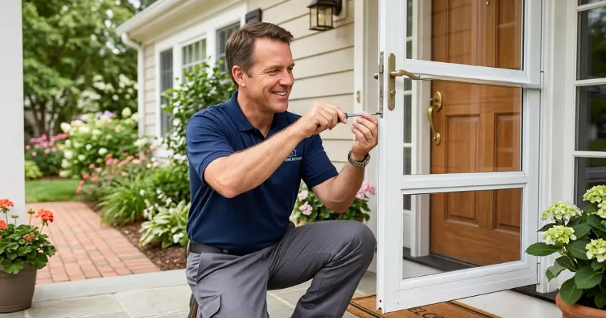 technician adjusting storm door hinge and closer in Collingwood