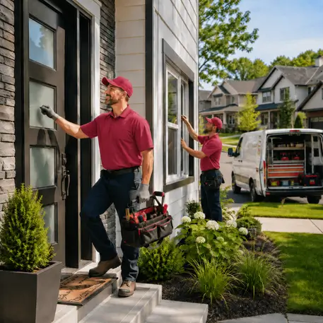 Service vans and technicians on residential door and window jobs across the coverage area