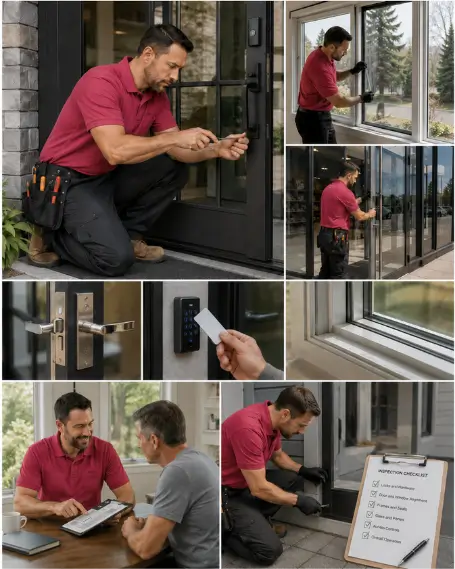 A crew carrying a new replacement window unit into a home
